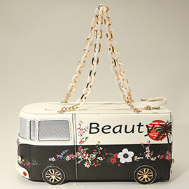 Faux Leather Floral Beauty Bus Chain Strap Bag